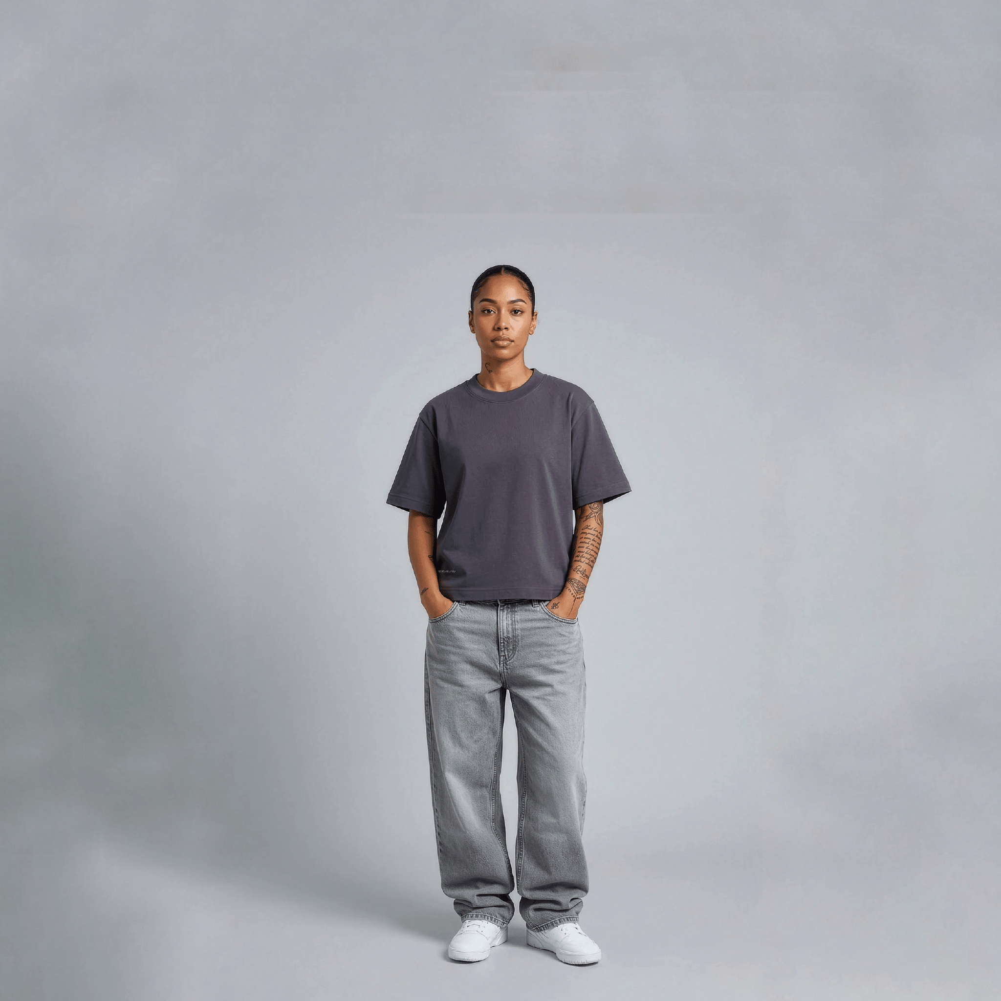 THBC Basic Tee in Stone, model wearing size M, front view
