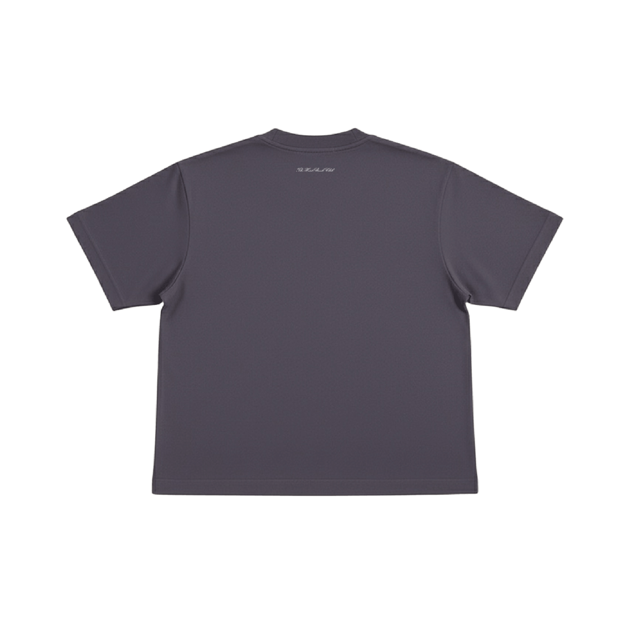 THBC Basic Tee in Stone, flat-lay on cream surface, rear view