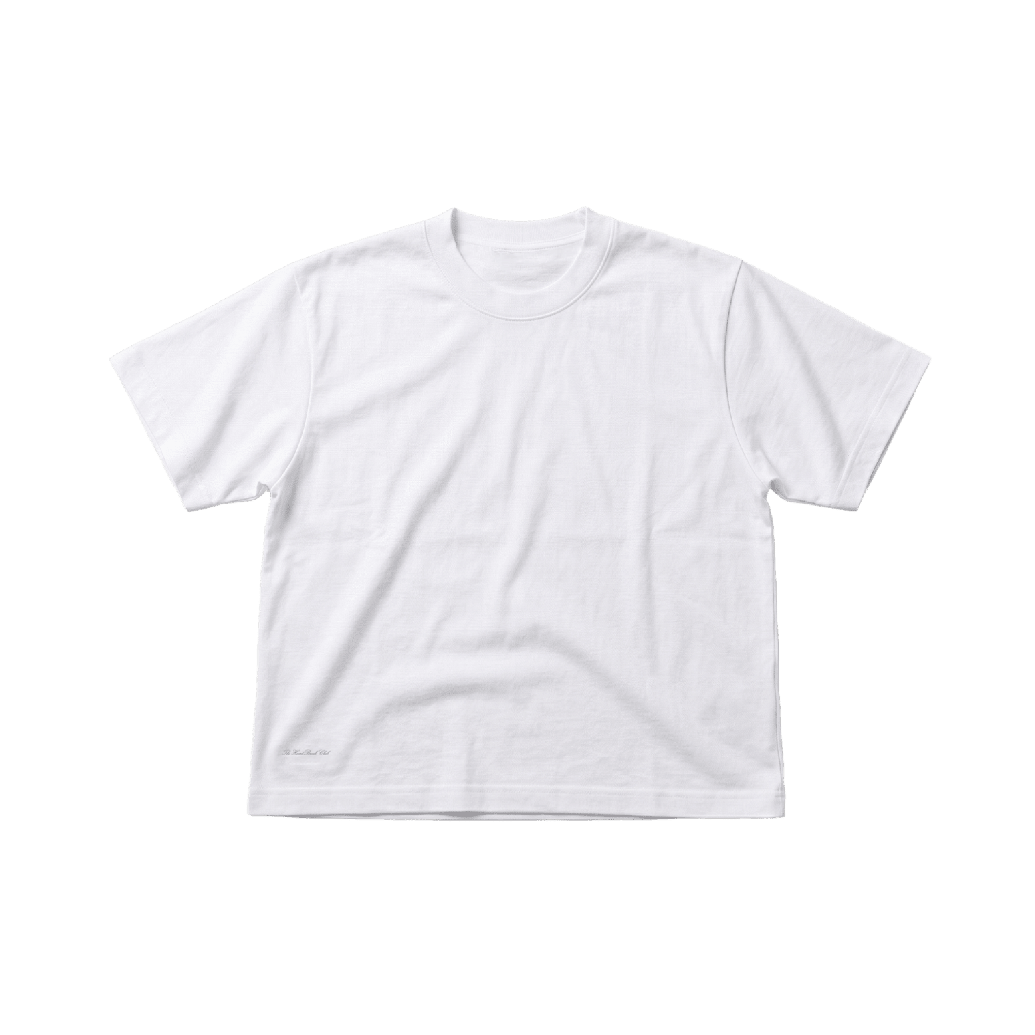 THBC Basic Tee in white, flat-lay on cream surface, front view