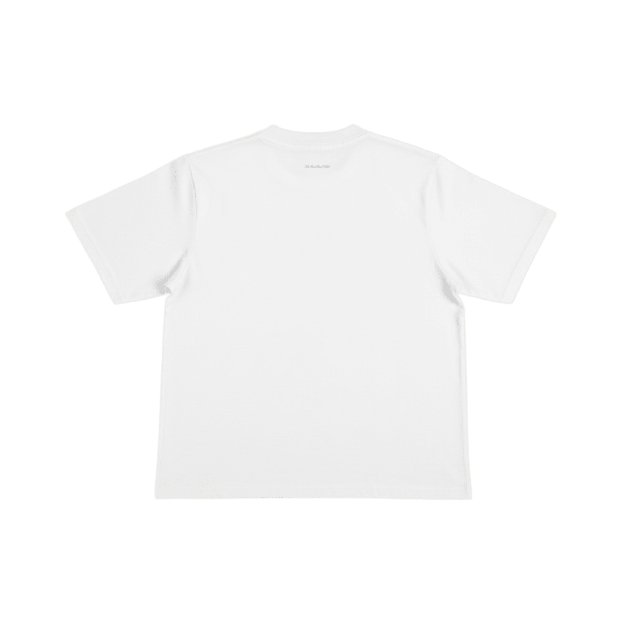 THBC Basic Tee in white, flat-lay on cream surface, rear view